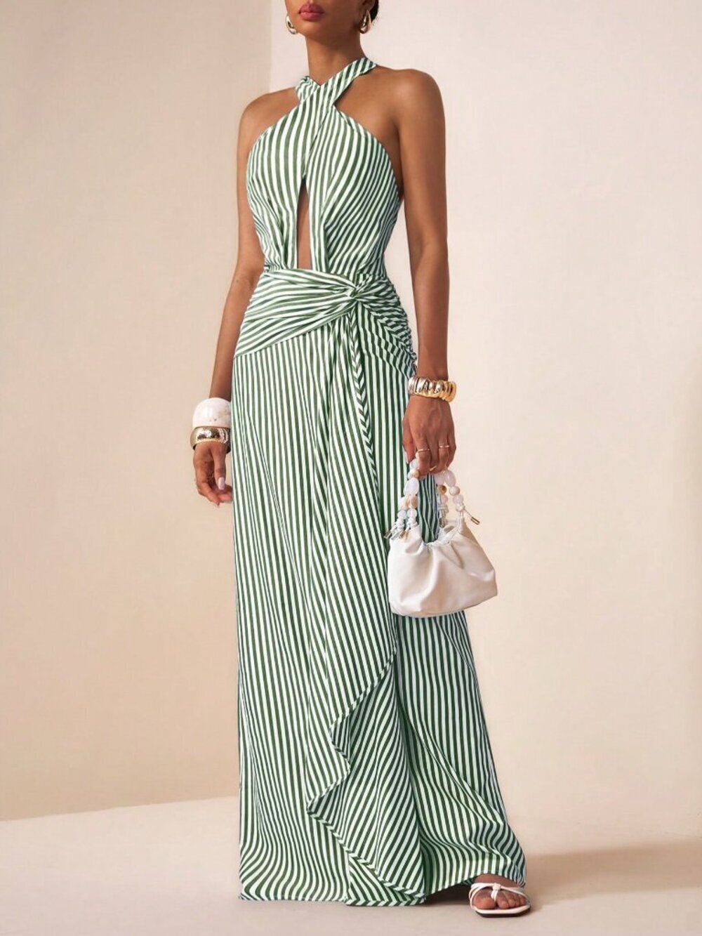 Green Striped Sexy Women's Maxi Dress with Halter Neck